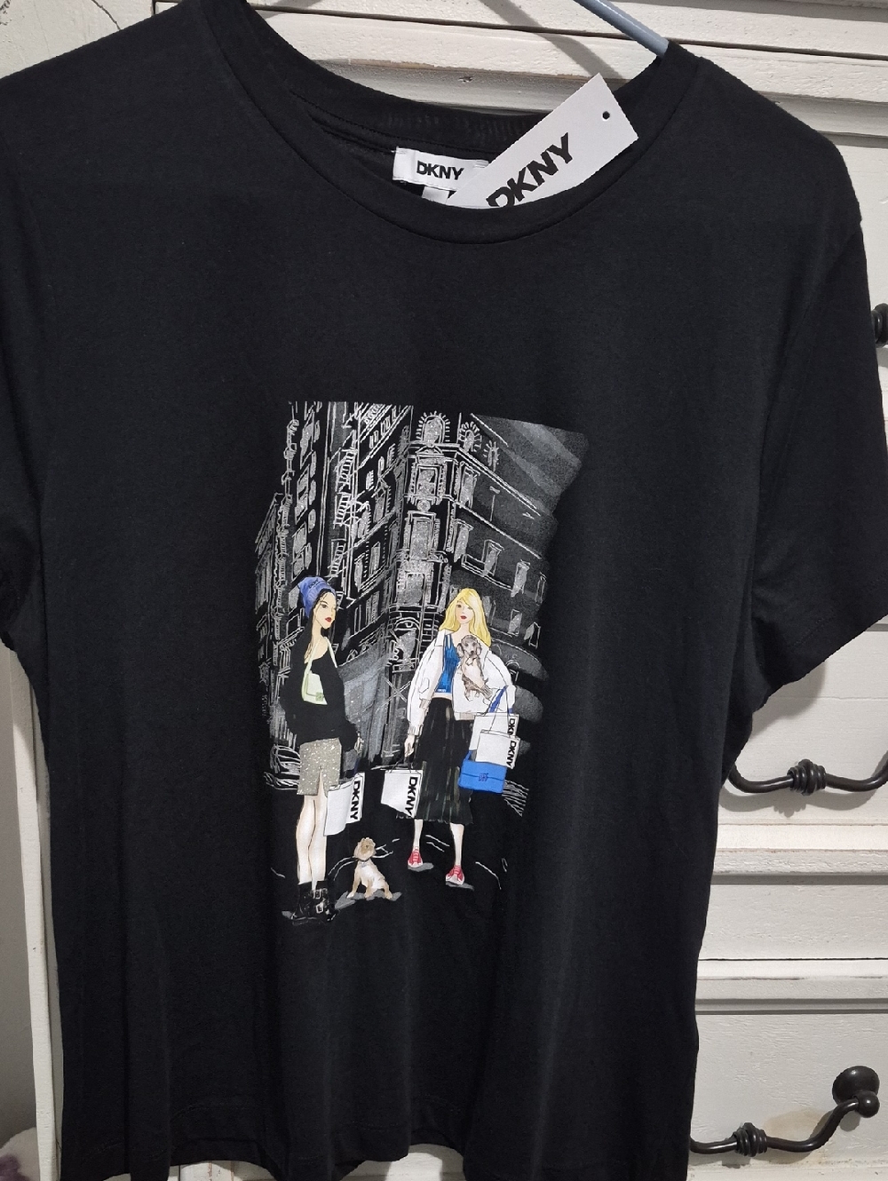 DKNY Black Short-Sleeve Tee with City Street Illustration